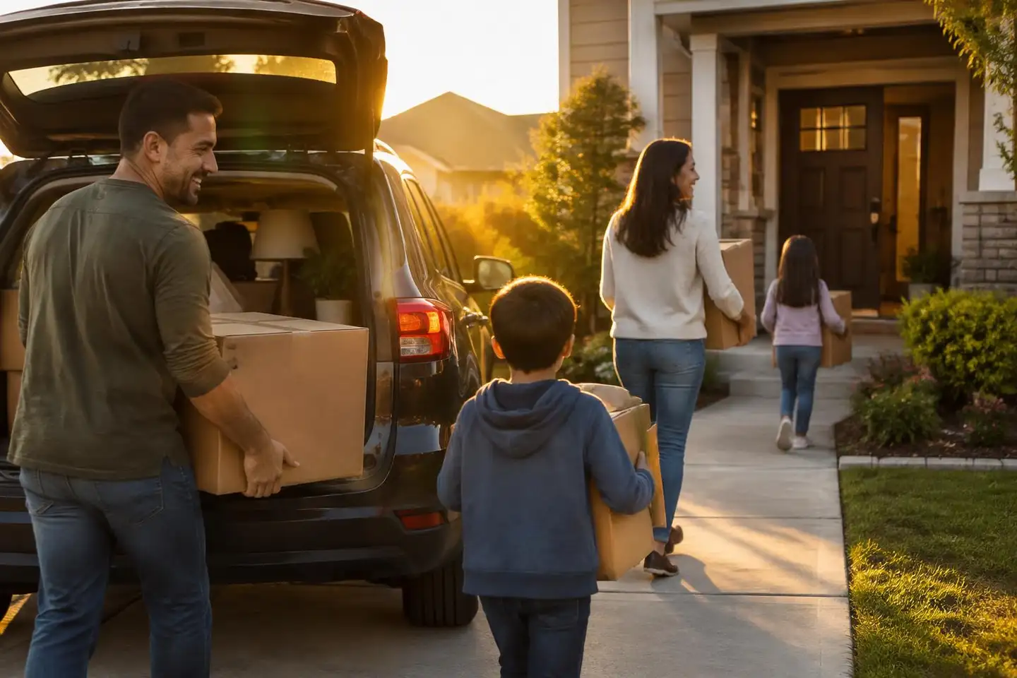 Illustrative image of a family carrying moving boxes into a new home